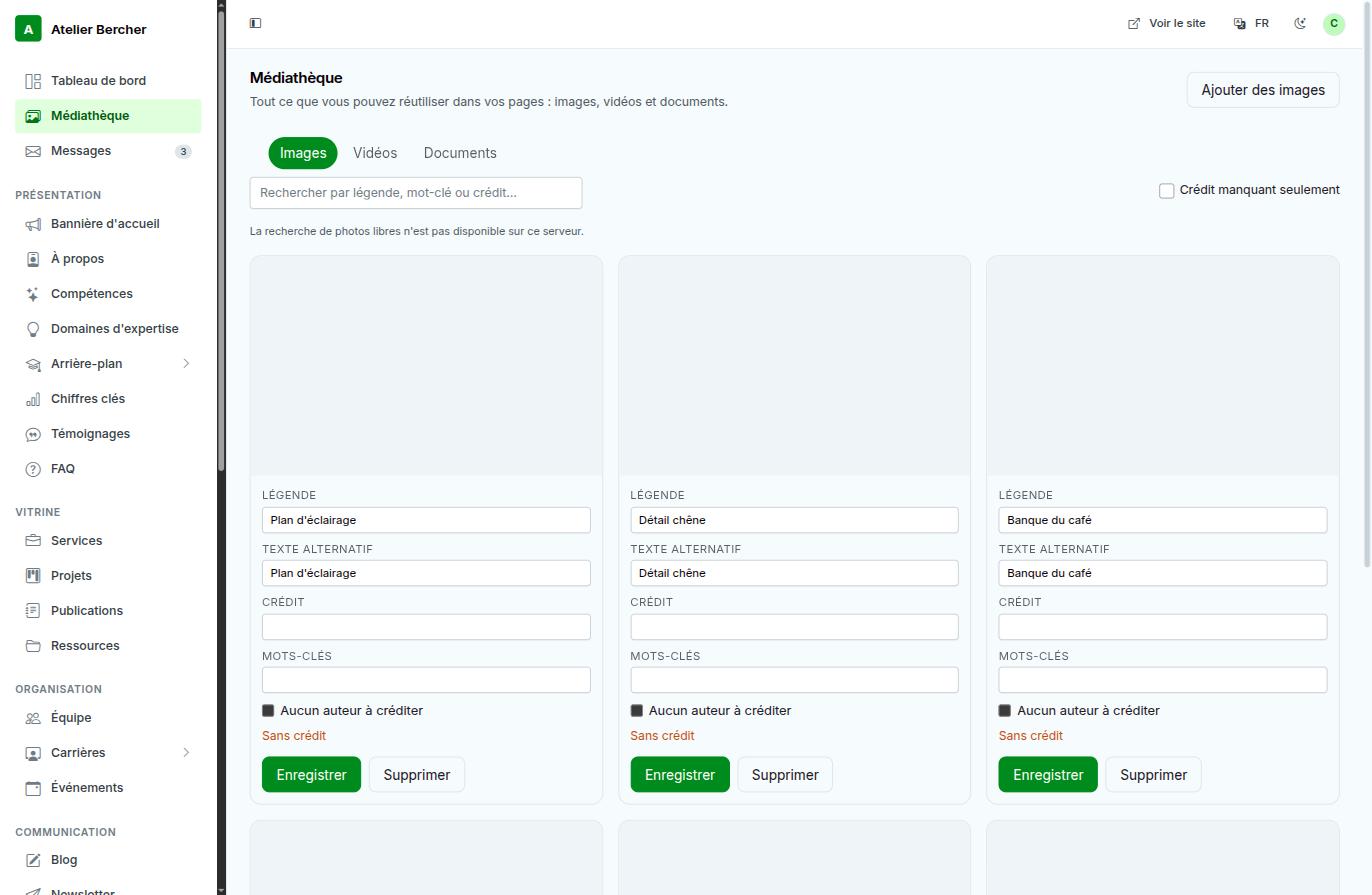 The media library: Images, Videos and Documents tabs, with caption, alternative text, credit and keywords under each image.